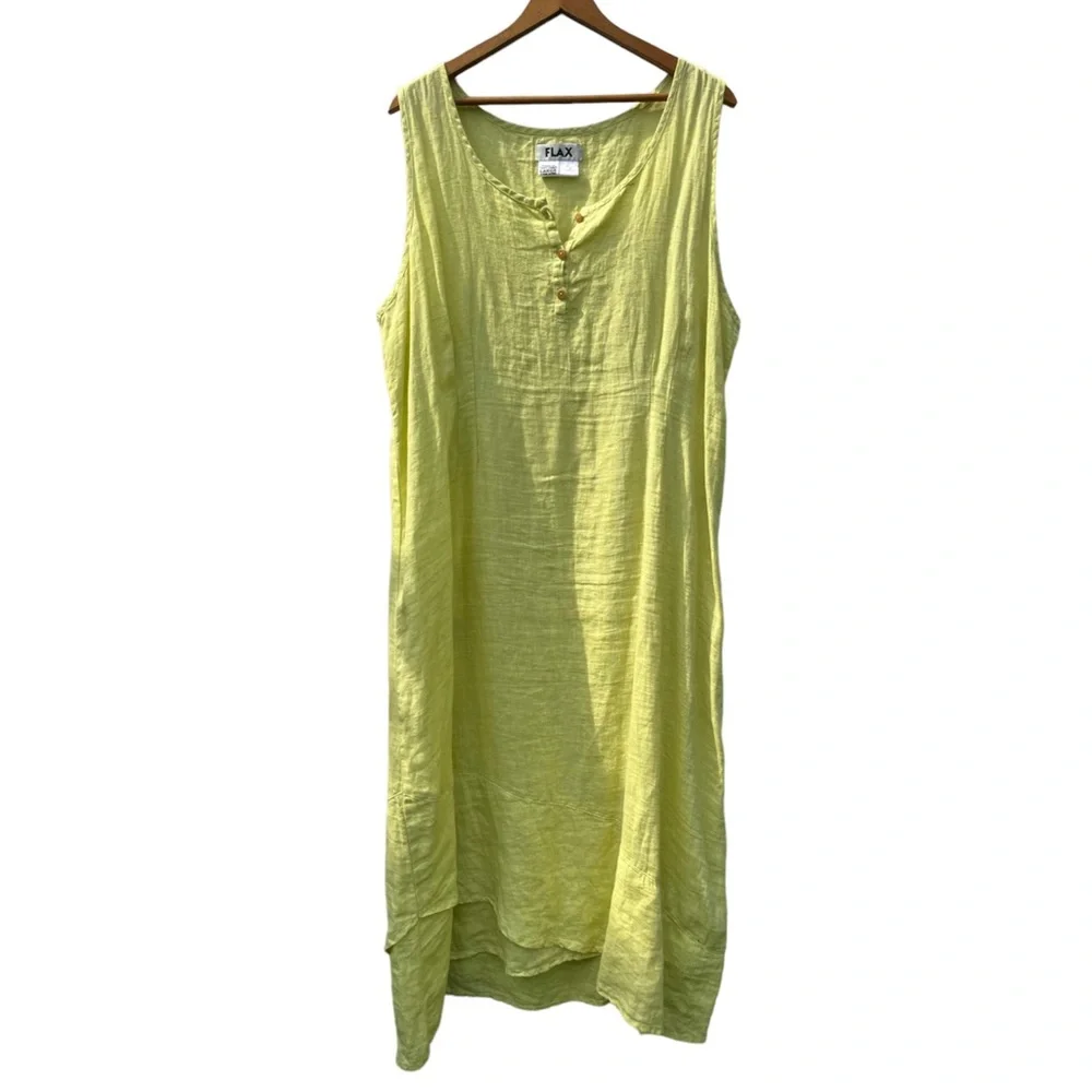 Flax Linen Lime Green Chartreuse Sleeveless Three Button Maxi Dress Size Large - Picture 8 of 16